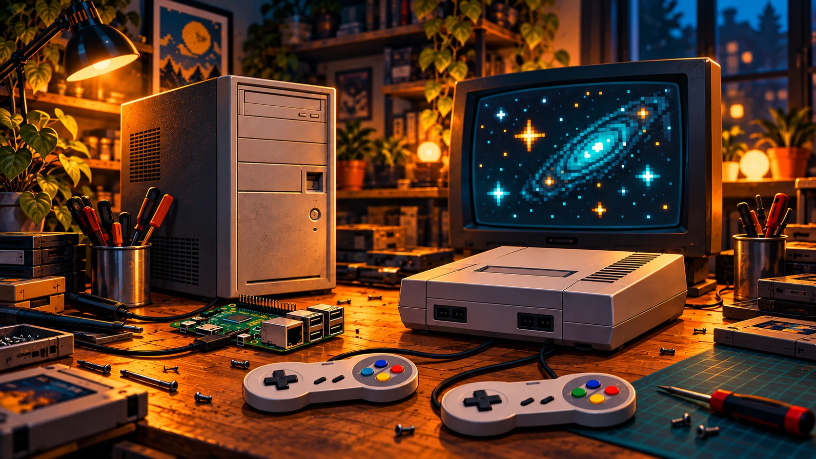 Concept illustration of a retro gaming workbench