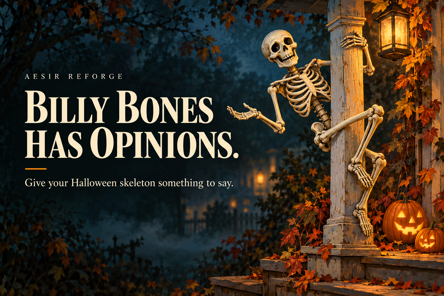 Illustration of Billy Bones, a smiling skeleton hanging from a lantern-lit porch pillar, beside the words Billy Bones Has Opinions.