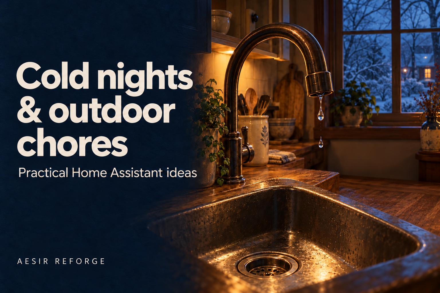 Illustrated kitchen faucet dripping beside a snowy window, with the words Cold nights and outdoor chores: Practical Home Assistant ideas.