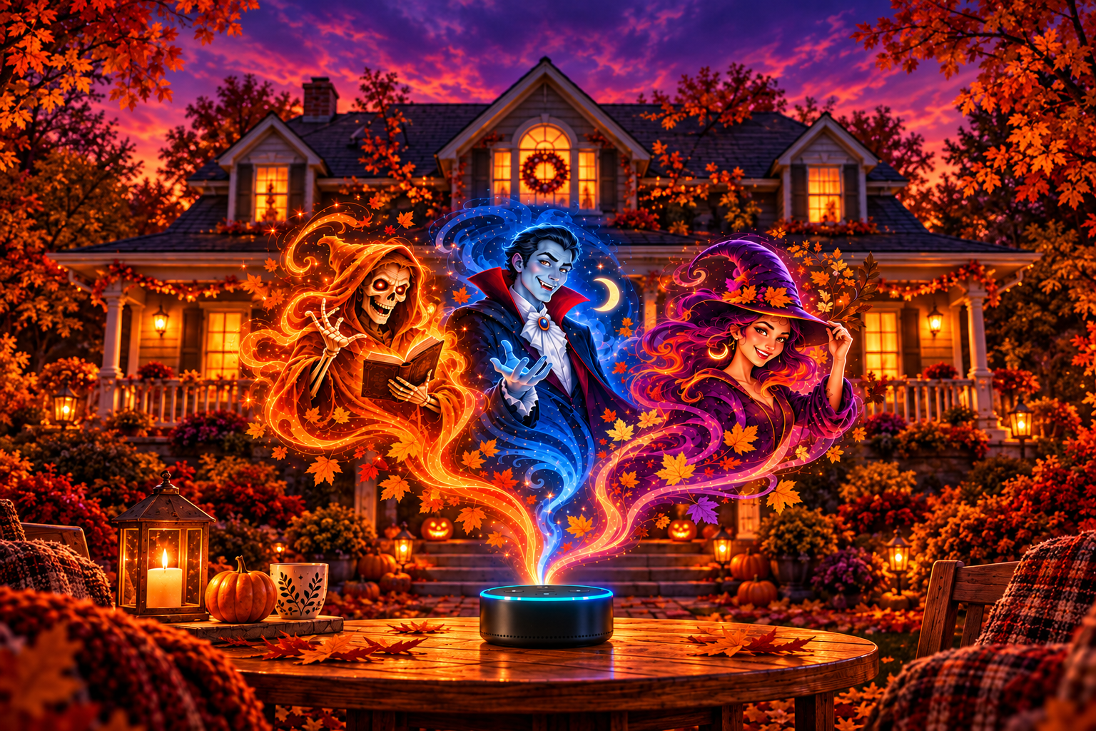Concept illustration of a warmly lit house beneath a purple October sky, with a skeletal storyteller, vampire, and witch emerging in colorful wisps from a smart speaker.