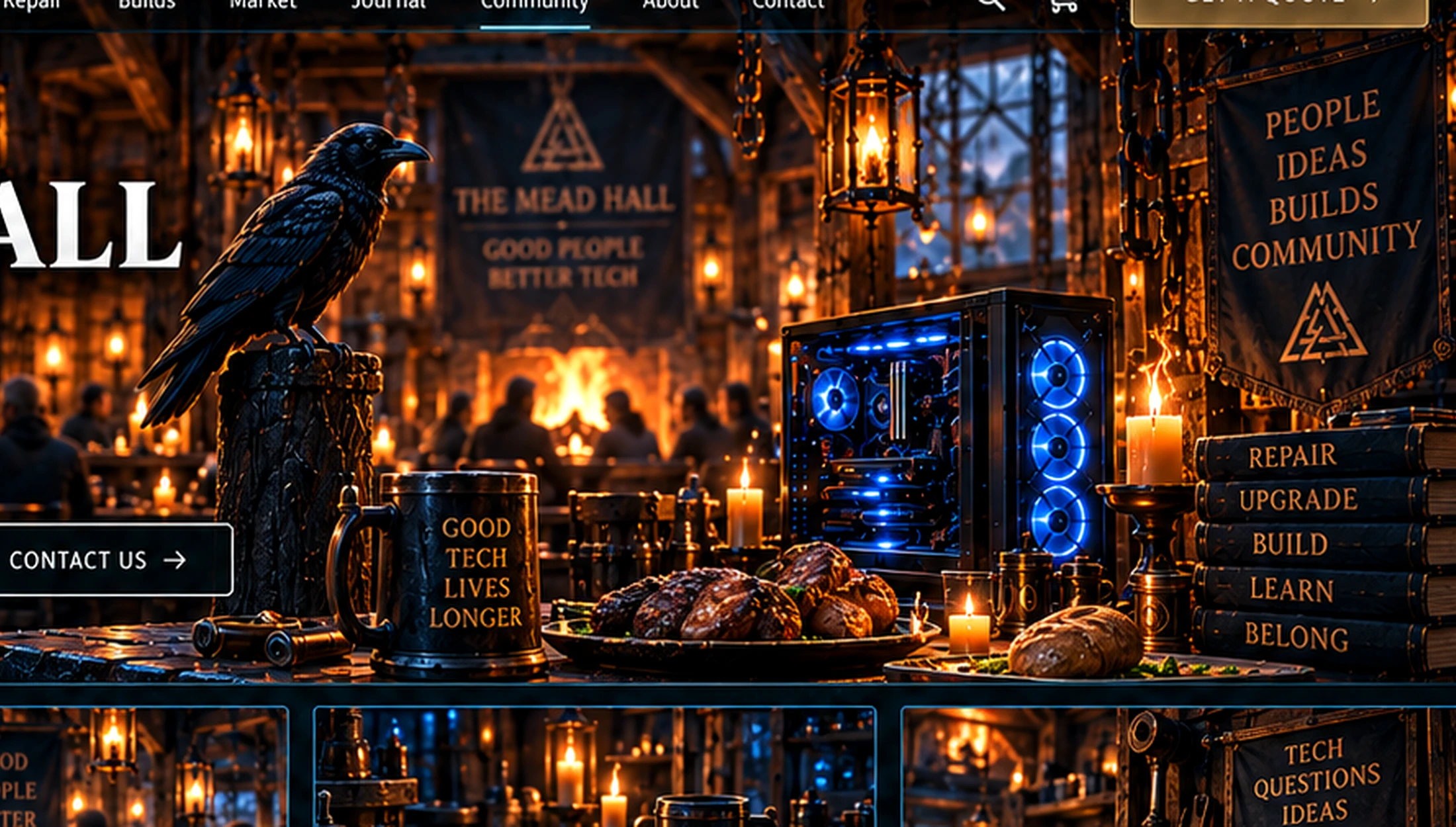 The Mead Hall with a raven, mug, food, forge fire and blue-lit computer