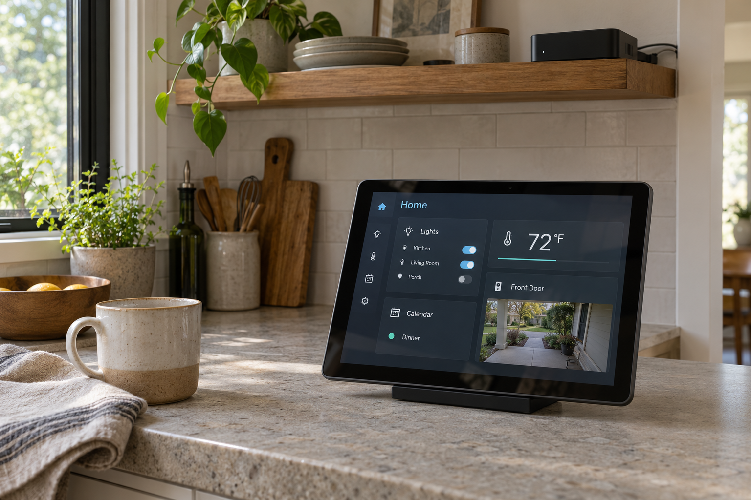 Concept illustration of a home dashboard on a kitchen tablet, with lighting controls, a fictional calendar, dinner plans and a camera view, beside a compact home server.